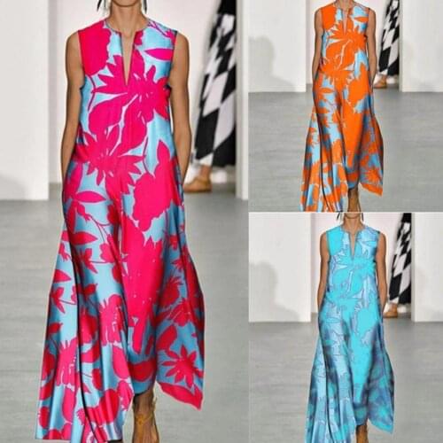 Casual Dresses Women Sleeveless Shirt Dress Women Dress Leaf Printing Loose Bohemian Sleeveless Wide Hem Dress for Going Out