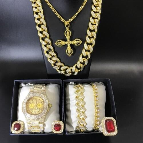 Luxury Men Gold Watch & Necklace & Braclete&Ring&Earrings Combo Set Ice Out Cuban Jewerly Crystal Miami Necklace Hip Hop For Men