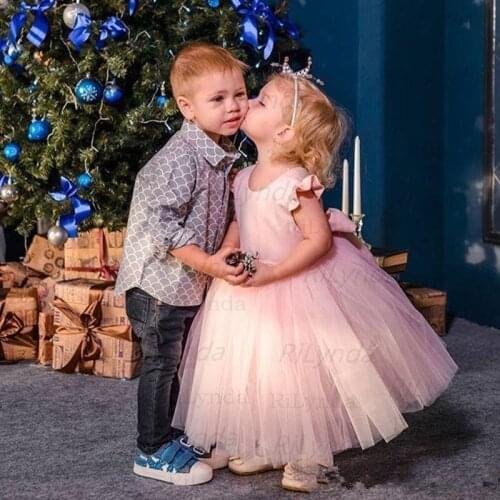 Pink Flower Girls Dresses Fur Appliques Lace Communion Dresses Girls Pageant Gown Kids Clothes for Birthday