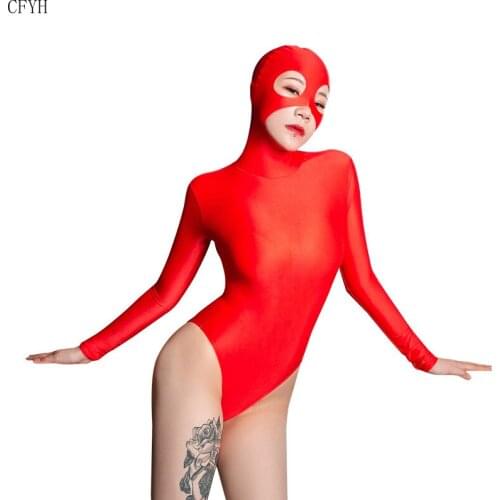 Sexy Cosplay High Cut Bodysuit Full Body Open Crotch Shiny Bodysuit Long sleeve Catsuit Sexy Pantyhose Erotic Lingerie with Mask