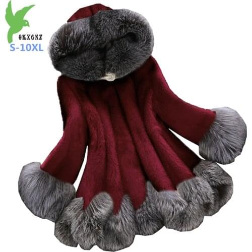 2020 New High quality Autumn Winter Faux fur Coat Women Plus size S-10XL Mink fur Fox fur collar Hooded Jacket Female Slim G592