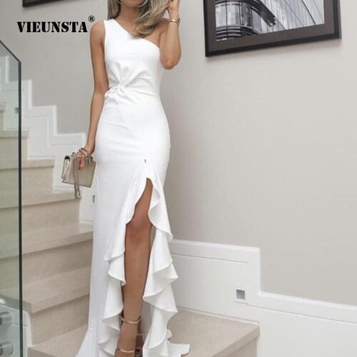 Party Banquet Net Red Temperament Elegant Evening Dress Summer Oblique Shoulder Ruffle Swing Sexy Split Fork Solid Color Dress