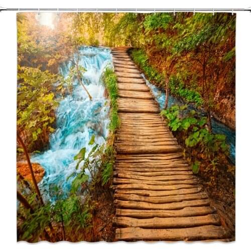 Forest Trees Waterfall Shower Curtains Bath Screen Waterproof Polyester Bathroom Curtains With Hooks Shower Curtain For Home