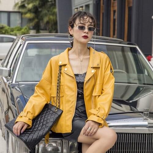 2021 Spring Autumn Korean Women Casual Loose Oversized Yellow Faux PU Leather Outerwear Chic Elastic Waist Hem Moto Biker Jacket
