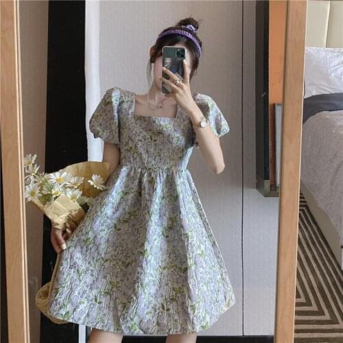 2021 New Summer Women Vintage Loose High Waist Slim Korea Style Elegant Square Collar Puff Sleeve Floral Mini Dress
