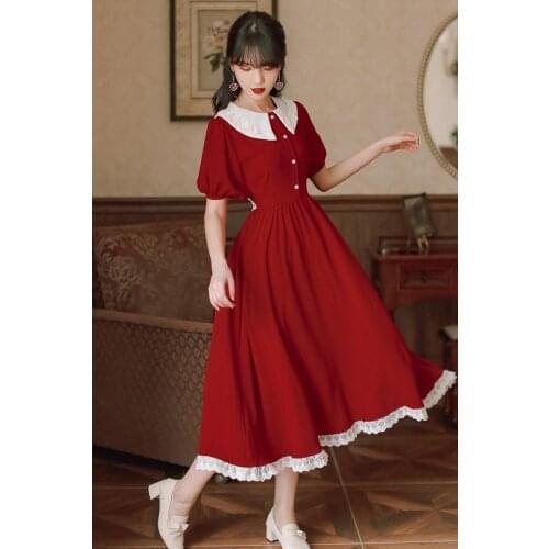 Summer Women Red Dress Japanese Style Lace Peter Pan Collar Vintage Elegant Lady Long Midi Dresses Vestido Robe Rouge Femme