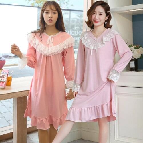 2020 Autumn Long Sleeve 100% Cotton V-neck Nightgowns Women Korean Cute Lace Sleepwear Night Dress Nightdress Home Dress Nighty