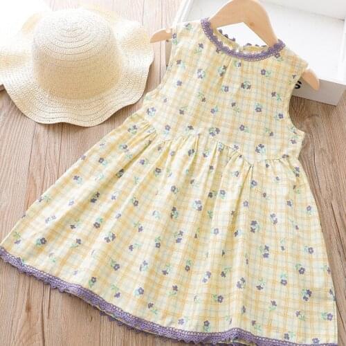2021 summer girls floral print lace collar cotton sleeveless dresses children princess dress wholesale