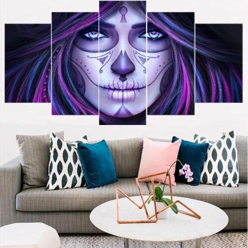 5 Pieces Wall Art Canvas Painting Figure Poster Abstract Purple Human Face Home Modern Living Room Decoration Framework Pictures