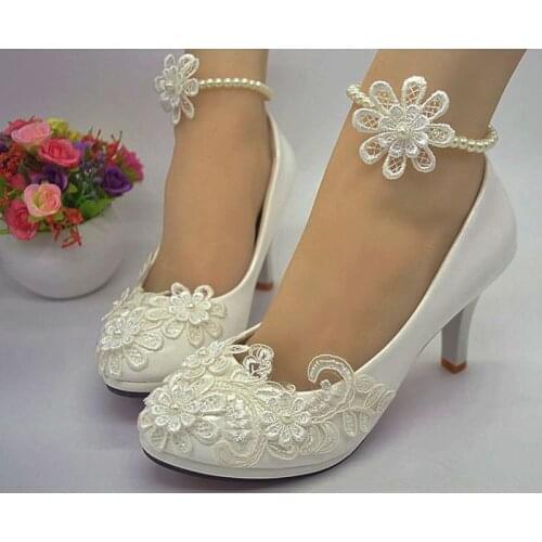 9CM high heels handmade plus size wedding pumps shoes ivory ladies bridal bridesmaid ankle beading anklet lace flower shoes