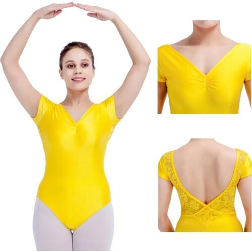 Yellow Shiny Nylon/Lycra Lace Cap Sleeve V Back Ballet Leotard Girls Dance Costume Ladies Dancewear Bodysuit