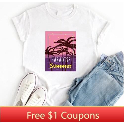 BLINGPAW Paradise Summer Style T Shirt Women Colorful Pink Beach Printed 100% Cotton Whit Tops & Tees Brand Womens Tee Shirts