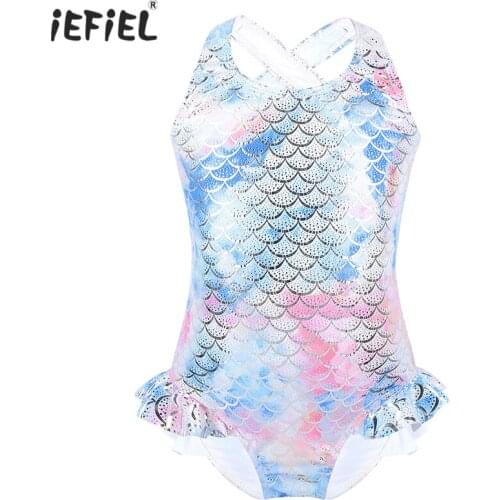Kids Girls One-piece Swimsuit Beach Wear Sleeveless Sparkly Mermaid Fish Scales Pattern Printed Monokini Swimwear Bathing Suit