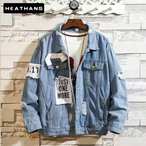 Hole Jean Jacket Men Spring Denim Jacket Mens Autumn Hole Loose Korean Hip Hop Brand Jacket For Male Handsome Jeans Streetwears