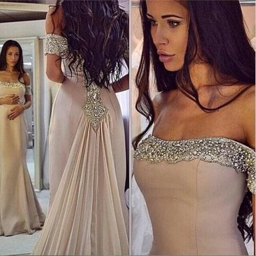 Elegant Mermaid Off Shoulde Formal Party Evening Dresses 2021 New Beading Crystal Champagne Prom Gowns Women Long Robe De Soiree