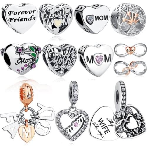 ELESHE Forever Friend Mom Sister Family Dangle Charms 925 Sterling Silver Heart Beads Fit Original Charm Bracelet DIY Jewelry