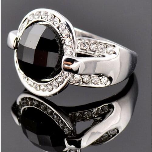 KIOOZOL Vintage Round Black Acrylic Crystal Micro Inlaid Cubic Zirconia Round Ring For Women Fashion Jewelry Accessories 539 KO5