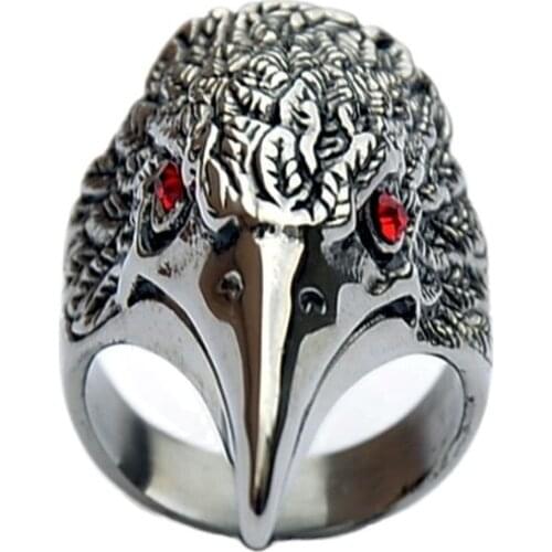 Stainless Steel Eagle Head Ring Viking Red Eagle Eye Personalized Pointed Ring Men and Women Punk Ring Viking Jewelry