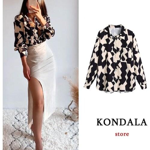 KONDALA Za 2021 Geometric Print Vintage Women Shirts Long Sleeve Oversized Single Button Blouses Fashion Autumn Mujer Tops