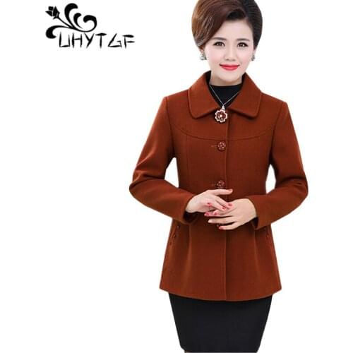 UHYTGF Women plus size jacket single-breasted loose Autumn Winter Woolen Coat Female Temperament mother Elegant jacket XL-5XL146