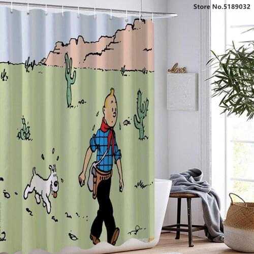Cartoon Anime Shower Curtain with Free Hooks The Adventures of Tintin Bath Curtain 3d Print Funny Waterproof Shower Curtain