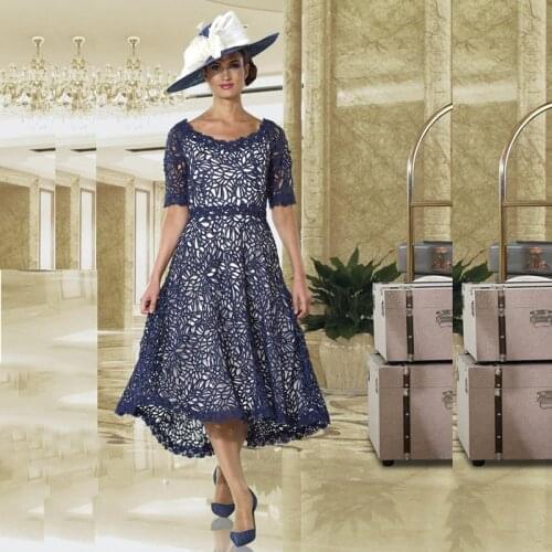 New Exquisite Navy Blue Lace Tea Length Mother of the Bride Dresses Half Sleeves Jewel Neck Wedding Guest Gowns Short On Sale