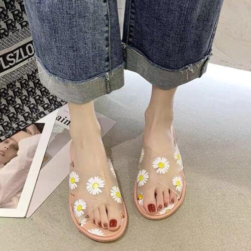 New Summer Women Printed Flower Flat Cross Transparent Slippers Ladies Casual Outside Beach Shoes Lovely Comfortable Home Slides