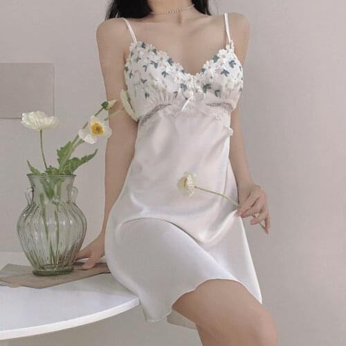 QWEEK Sexy Nightwear Satin Embroidery Floral Night Dress White Women Peignoirs Nightwear Summer Mini Nightdress Silk Sleepwear