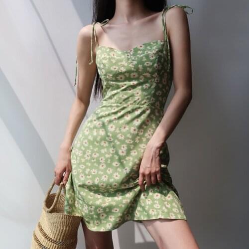 Sexy Spaghetti Strap Woman Dresses Foral Print Back Elastic Slim Green Summer Dress 2020 Girls Holidays Dress