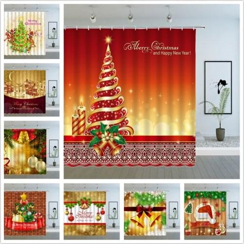 Christmas Shower Curtains Xmas Tree Ornaments Bells and Colored Balls Green Pine Branch New Year Cartoon Bathroom Decor Curtain