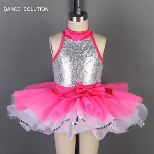 Silver Sequin Bodice with Keyhole Kid Dance Costume Girl Stage Show Dancewear Ballet Princess Dress Romantic Ballet Tutu 19821