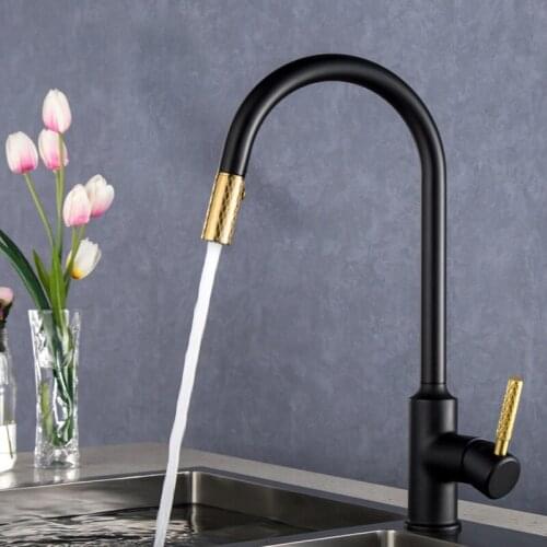 Kitchen Sink Faucets Solid Brass Pull Out Spray Nozzle Hot & Cold Single Handle Rotating Kitchen Sink Mixer Taps Brushed Gold