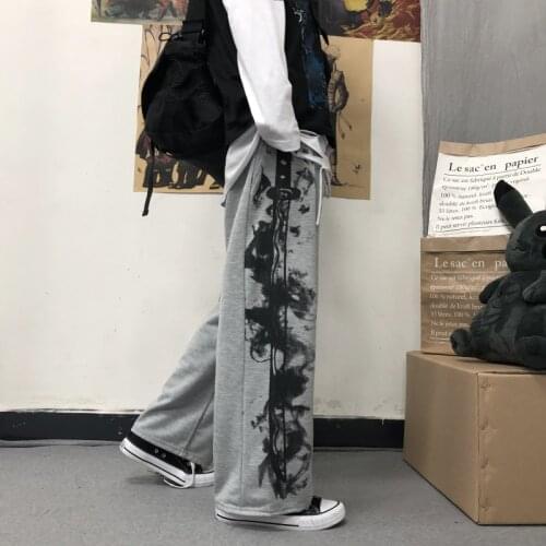 Streetwear loose cool girls pants vintage straight high waist womens track pants Korean dragon print black female clothes