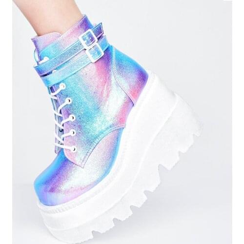 2020 Autumn High Platform Women Boots Wedges Lace Up Ankle Boots Thick Bottom Mixed Color Female Heel Fashion Shoes