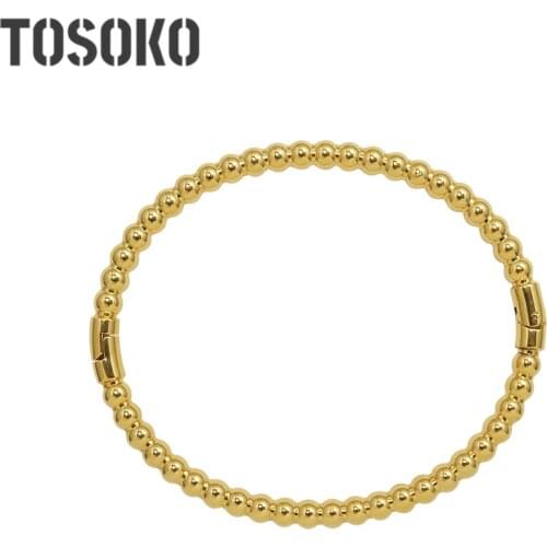 TOSOKO Stainless Steel Jewelry Simple Round Bead Stitched Buckle Bracelet 18 K Golden Plain Circle Womens Retro Bracelet BSZ138