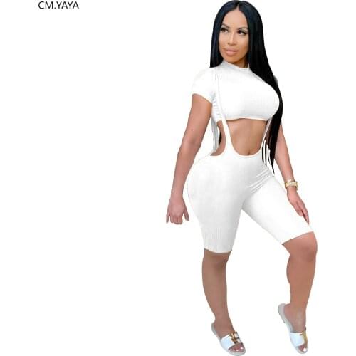 CM.YAYA Women Sport Solid Knitted two piece set Tracksuit Crop Top Knee Length Romper jogger Suit Sweatpants Matching Set outfit
