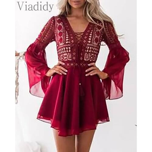Women Deep V Neck Flare Sleeve High Waist Lace Dress