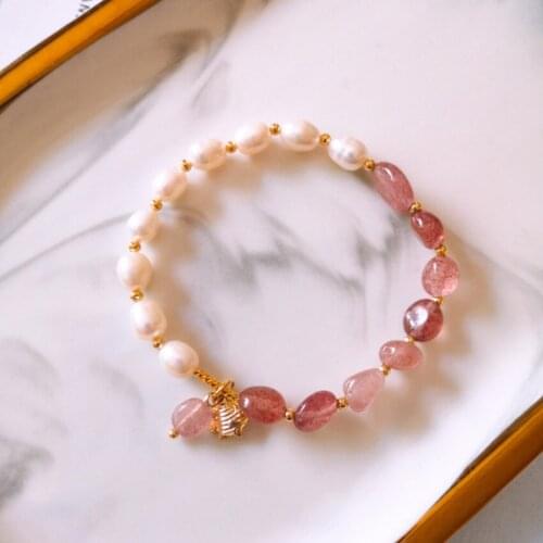 FYJS Unique Light Yellow Gold Color Irregular Shape Strawberry Crystal and Pearls Bracelet Amethysts Jewelry
