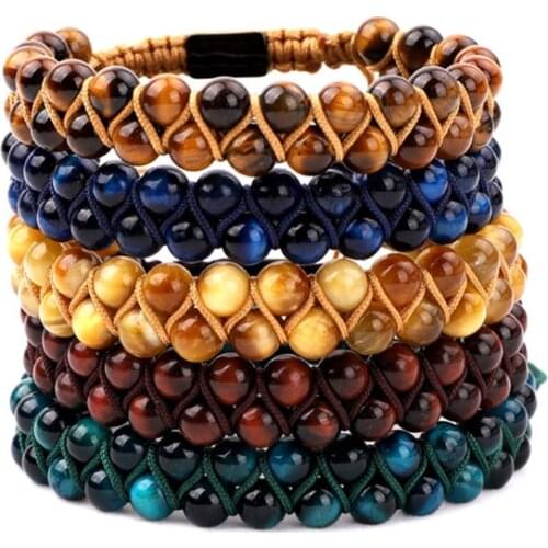 High Quality 6mm A Grade Tiger Eye Stone Beads Double Layer Link Cord Bracelet Adjustable Woven Wrap for Women Men