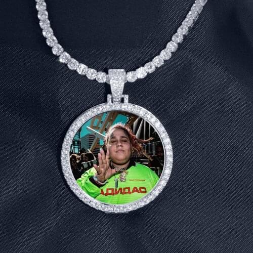 Custom Made Photo Round Pendant Necklace 4mm Tennis Chain Gold Silver Color Iced Out Cubic Zircon Chain Hip Hop Jewelry Gift