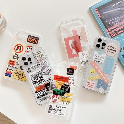 Phone Case For iPhone 12 Mini 12 11 Pro X XR XS Max 7 8 Plus SE 2 Fashion Art Statue Cartoon Label Clear Soft TPU For iPhone 11