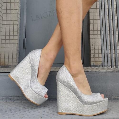 DOHBANER Women Pumps Platform Wedges High Heels Wedding Glitter Slip On Sandals Donna Tacco Shoes Woman Large Size 44 45 47 52