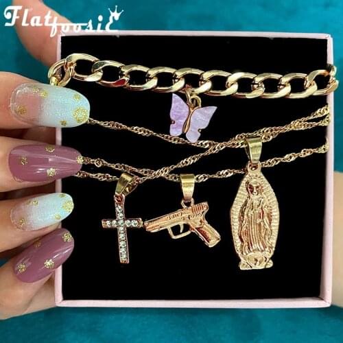 Flatfoosie Punk Crystal Cross Pistol Pendant Necklace for Women Gold Color Multilayer Butterfly Choker Necklace Hip-hop Jewelry