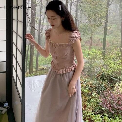 JuneLove 2021 Summer New Womens Dress Retro Square Neck Fairy Mesh Patchwork Cute Kawaii Long Chic Dress Vintage Party Vestidos