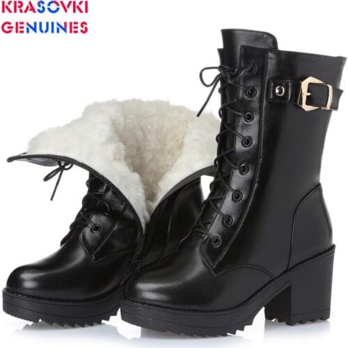 Krasovki Genuines Wool Women Winter Boot Warm Genuine Leather Fur Warm Shoes Plush High Heel Boots Platform for Women Snow Boots