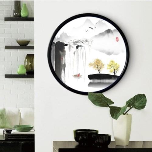 Chinese Style Round Frame Decoration Painting Poster Ink Landscape Wall Hanging Painting Mural Living Room Background Wall Decor
