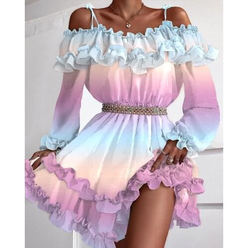 Sexy Off Shoulder Mini Dress Long Sleeve Gradient Ruffled Slash Neck Diamond High Waist A Line Dresses Beach Elegant Sundress