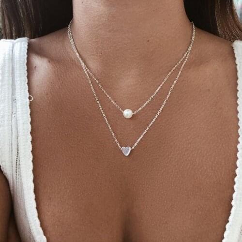 Fashion Cute Love Heart Bead Double Chains Necklace for Women Jewelry Gifts