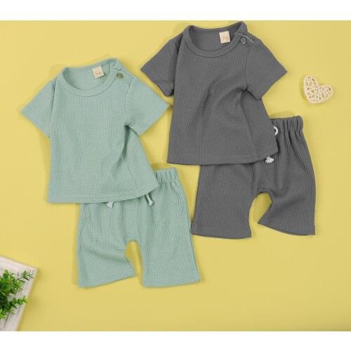 Fashion Summer Casual Kids Suit Set Solid Color O-Neck Short Sleeve T-Shirt+High Waist Elastic Shorts For Little Baby Girls Boys