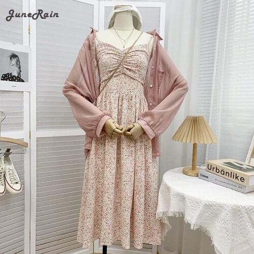 JuneRain Floral Print Spaghetti Strap Dress Women Summer Fashion Korean Pleated Slim Chiffon Dress Vintage Female Boho Dresses